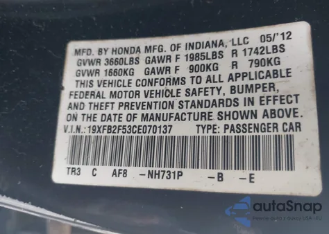 2012 Honda Civic Lx from USA, damaged, VIN 19XFB2F53CE070137